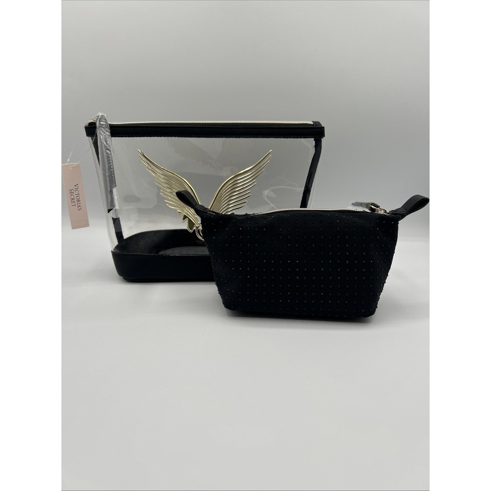 Victoria's Secret Clear Makeup Bag 2 Piece Angel Wings Rhinestone Pouch NWT - Picture 2 of 11